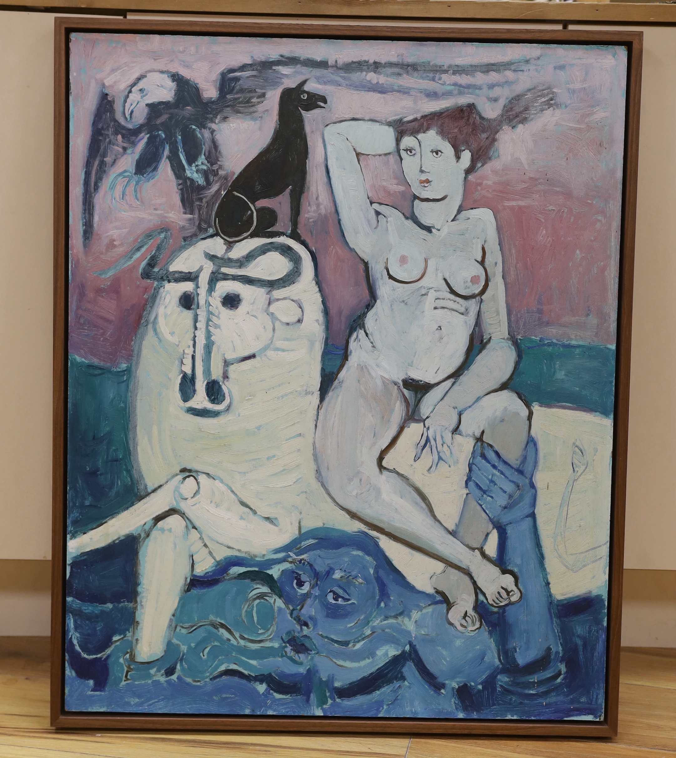 Eric James Mellon (1925–2014), surrealist oil on board, Europa and the Bull, 77 x 61cm